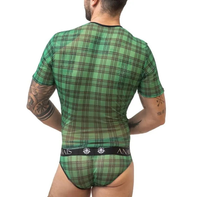 T-shirt homme à carreaux verts et noirs, coupe ajustée, lycra doux, avec bande élastique à la taille, Anais Apparel.