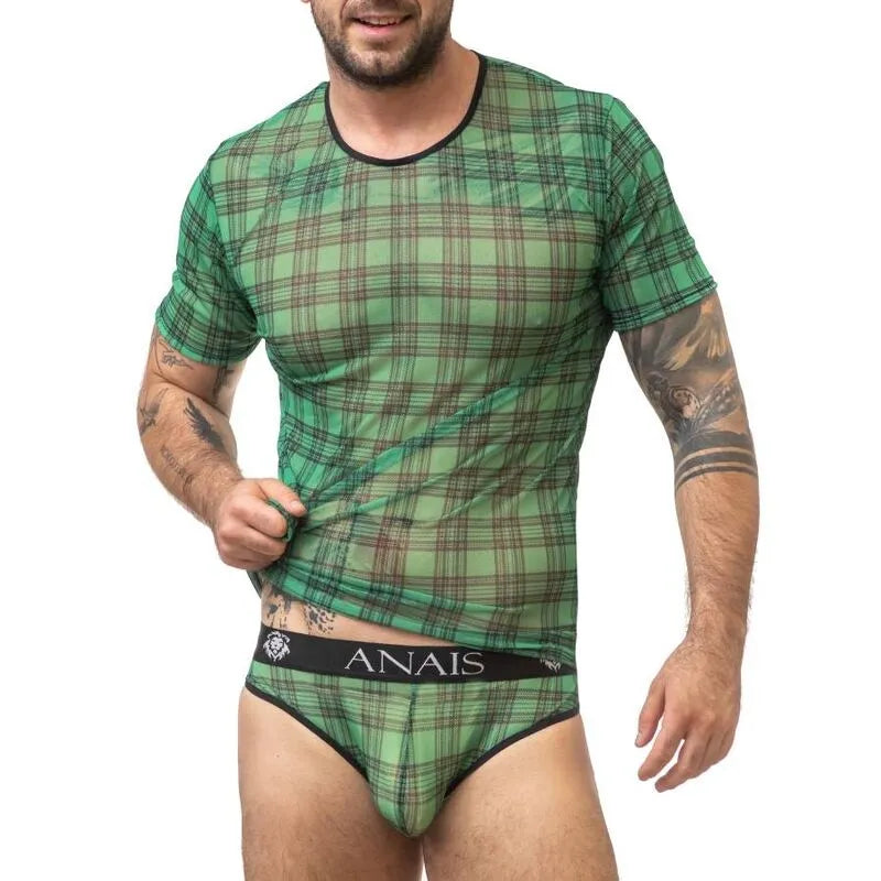 T-shirt homme vert à carreaux noirs, lycra doux, coupe ajustée, bande élastique à la taille, Anais Apparel.