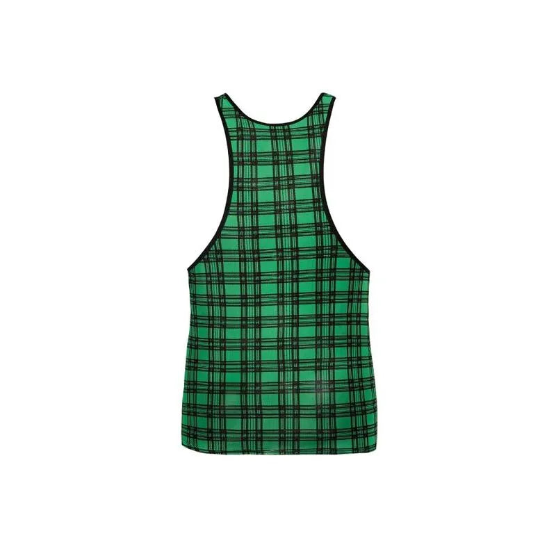 Débardeur homme à carreaux verts et noirs, lycra doux, coupe ajustée, bande élastique, Anais Apparel.