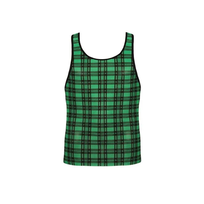 Débardeur homme à carreaux verts et noirs, lycra doux, bande élastique, Anais Apparel, confort et style sexy.