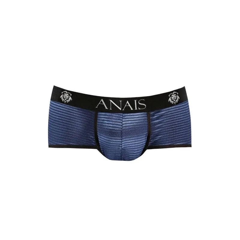 Slip homme Anais Men Naval Brief, tulle noir à rayures satinées bleu marine, coupe sportive, ajustement parfait.