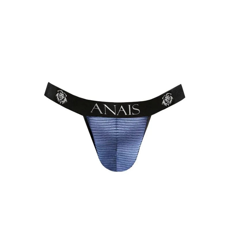Jock strap homme Anais, tulle noir à rayures satinées bleu marine, coupe audacieuse, élastique noir avec logo.
