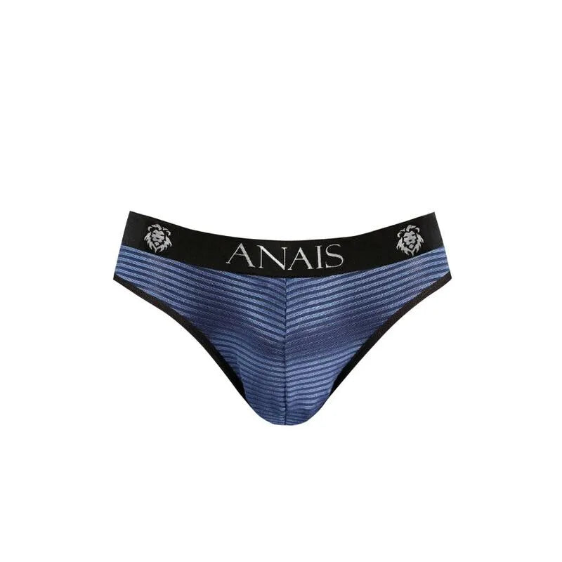 Slip homme ANAIS MEN NAVAL, tulle noir à rayures satinées bleu marine, bande élastique noire à la taille.