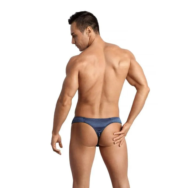 String homme noir à rayures satinées bleu marine, tulle confortable, élastique délicat, Anais Apparel.