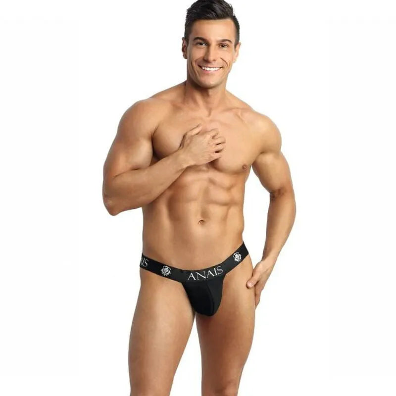 Jock strap homme en microfibre noire, coupe audacieuse, ajustement parfait, dévoile les fesses, Anais Apparel.