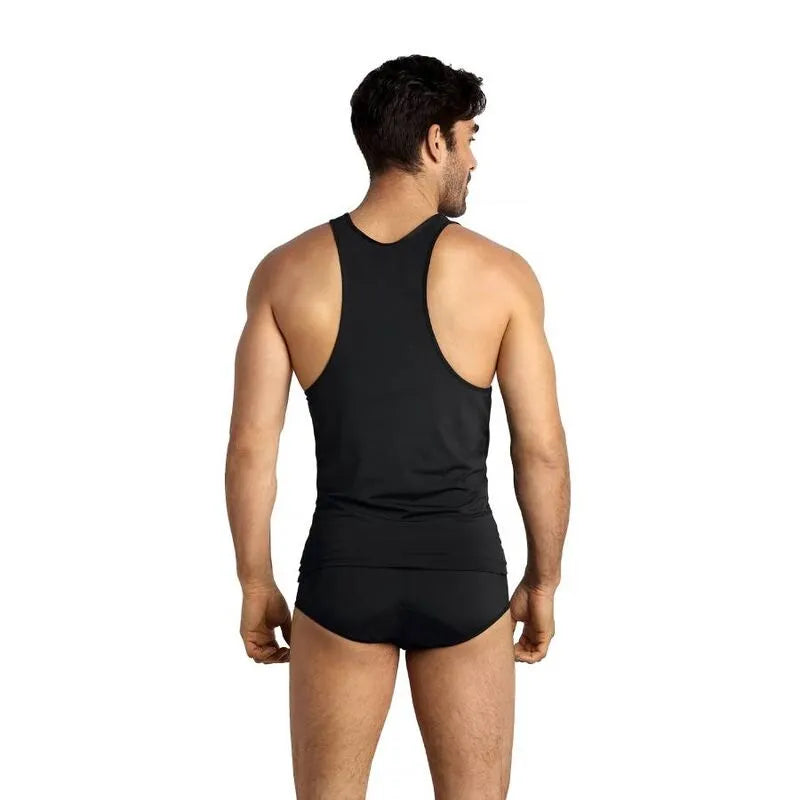 Débardeur noir sans manches pour homme, ajusté, en microfibre douce, Anais Men, vue de dos, style classique.