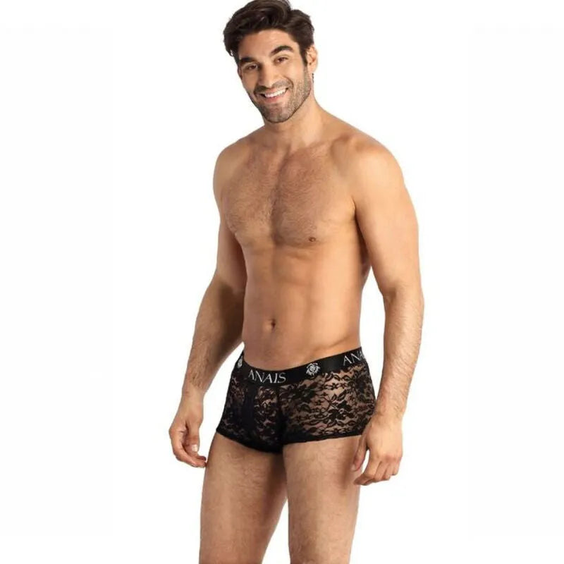 Boxer homme noir en dentelle florale, coupe sportive, jambes longues, ajustement parfait, Anais Men Romance.