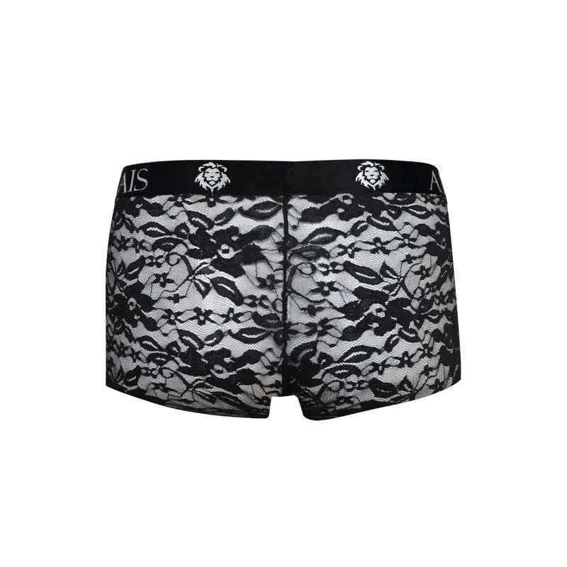 Boxer homme noir en dentelle imprimée fleurs, coupe sportive, jambes longues, ajustement parfait, Anais Apparel.