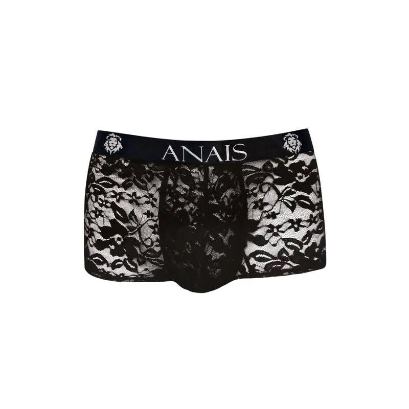 Boxer homme noir en dentelle florale, coupe sportive, ajustement parfait, marque Anais visible sur la ceinture.