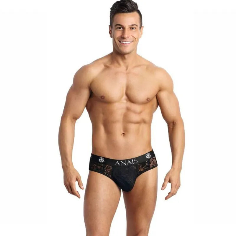String homme en dentelle noire à imprimé fleuri, confortable et élastique délicat, Anais Apparel.