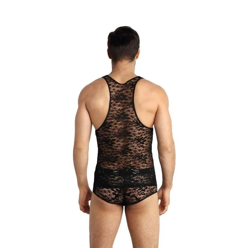 Débardeur homme en dentelle noire florale, ajusté, sans manches, style classique, Anais Men Top Romance.