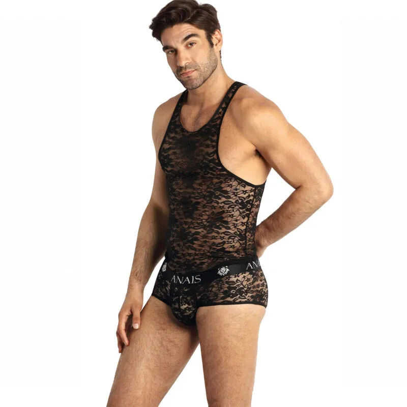 Débardeur homme dentelle noire imprimé fleuri, sans manches, ajusté, Anais Men Top Romance, lingerie sexy élégante.