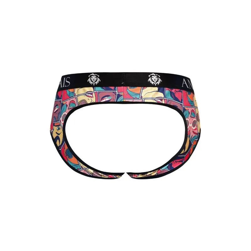 Slip bikini homme comics, bandes dessinées colorées, fesses ouvertes, coupe audacieuse, polyamide et élasthanne.