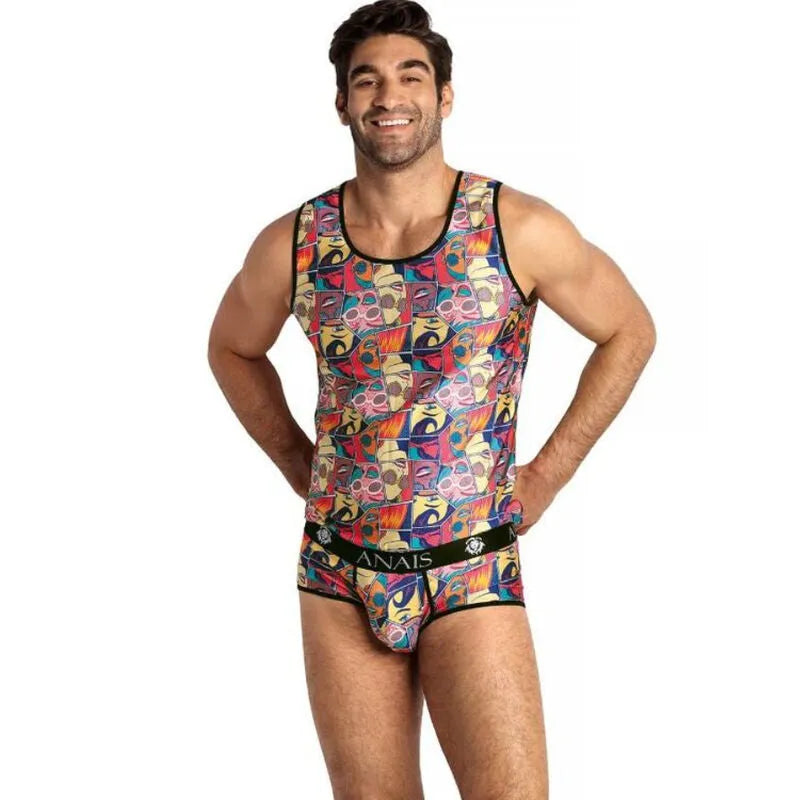 Débardeur homme sans manches, imprimé bandes dessinées colorées, ajustement parfait, style classique, Anais Apparel.