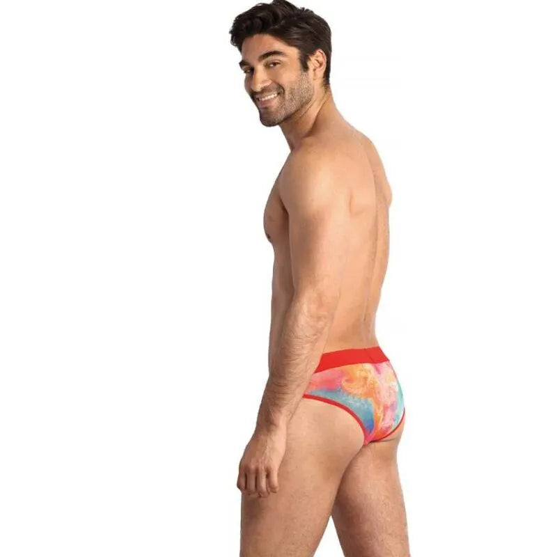 Slip homme rouge imprimé bananes, taille élastique, coupe ajustée, matière douce et confortable, Anais Apparel.