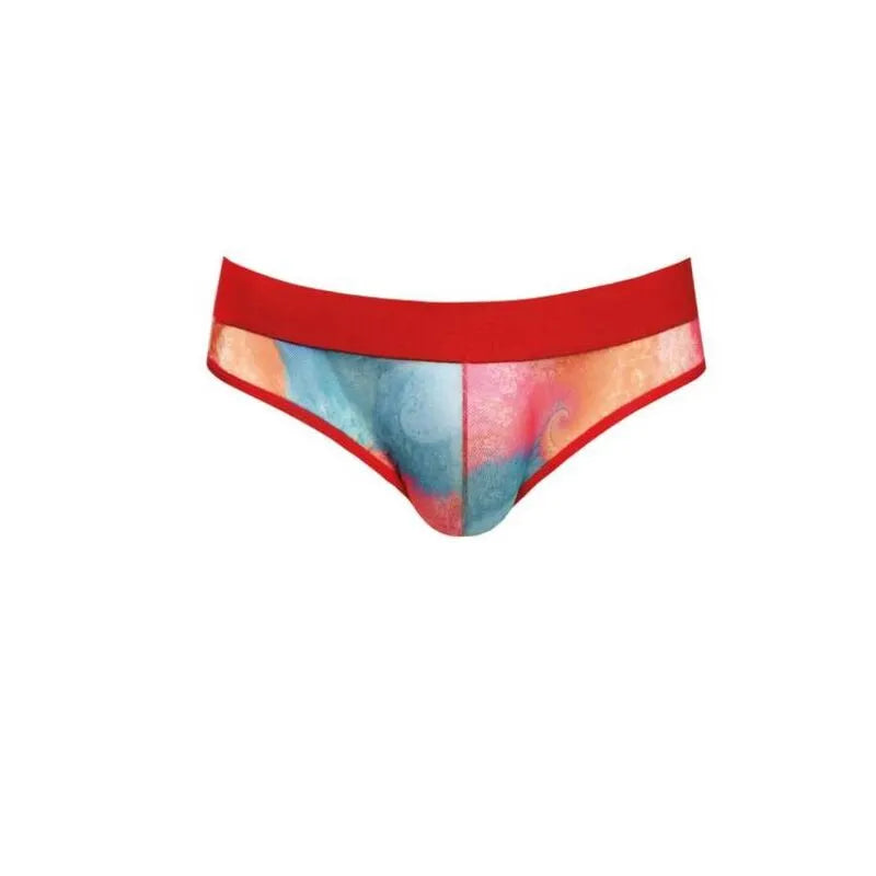Slip homme ANAIS MEN rouge avec imprimé bananes, taille élastique, lycra doux, coupe sexy et confortable.