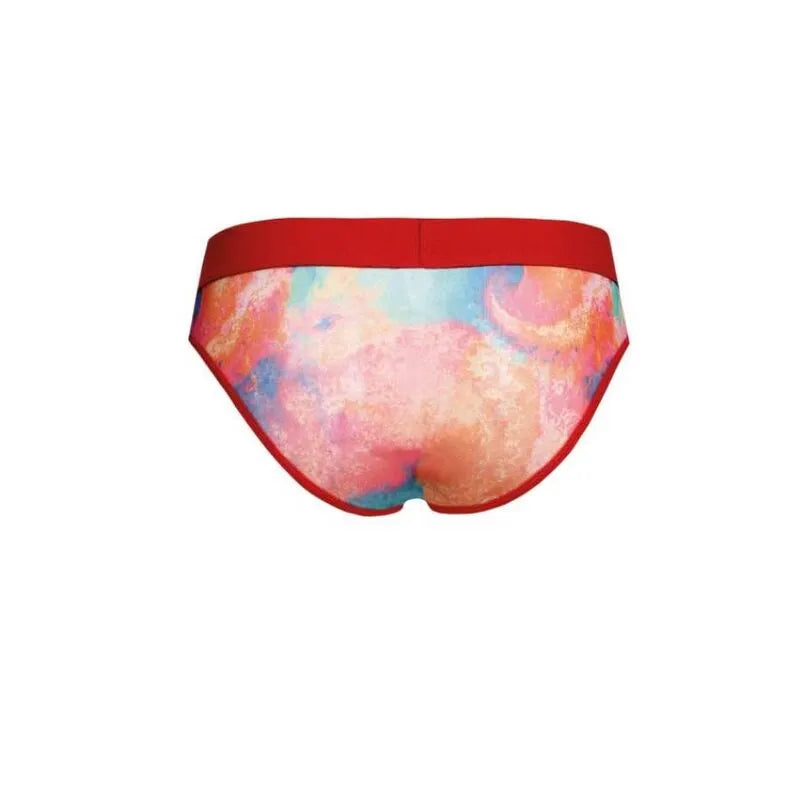 Slip homme Anais Falcon, imprimé bananes coloré, taille élastique rouge, coupe sexy et confortable en lycra doux.