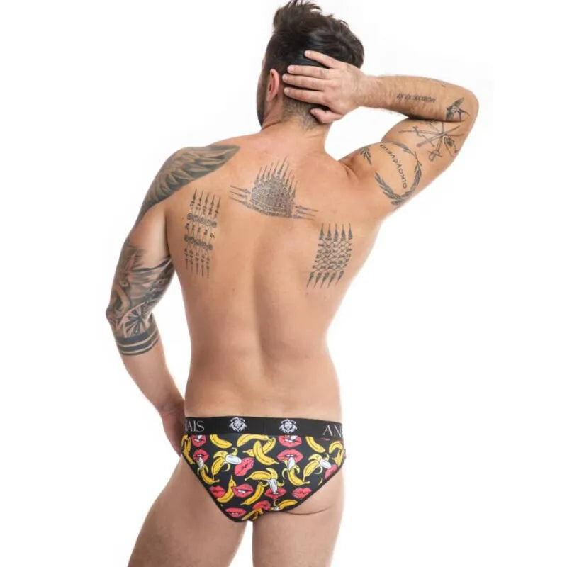 Slip homme imprimé bananes, fond noir, taille élastique large, coupe ajustée, confort optimal, style audacieux.