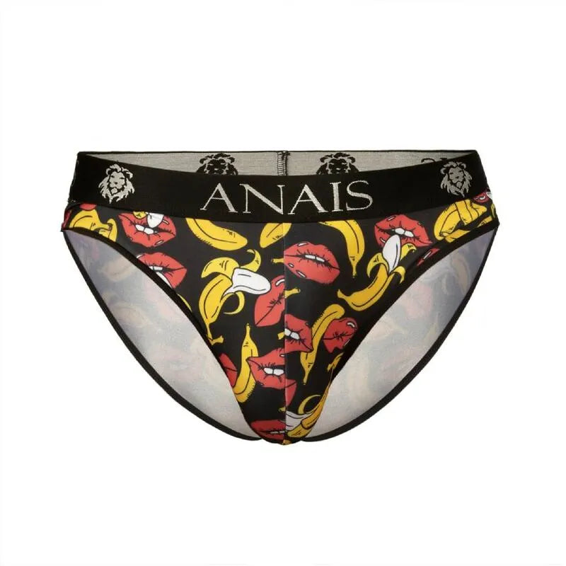 Slip homme ANAIS MEN en lycra noir avec imprimé bananes jaunes, taille élastique confortable, style sexy et moderne.