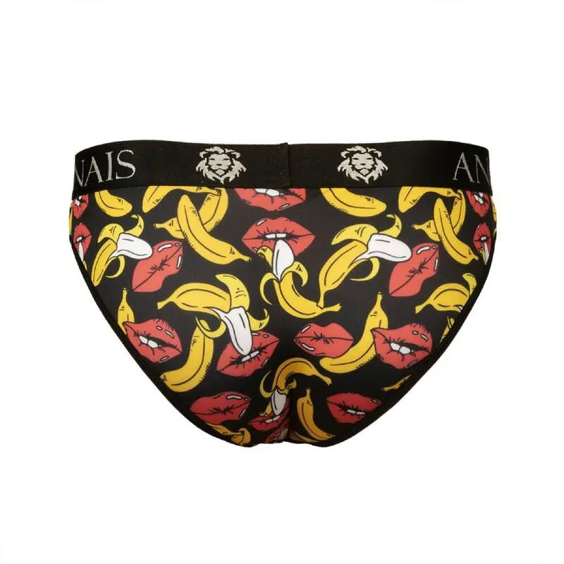 Slip homme en lycra noir avec imprimé bananes jaunes et lèvres rouges, bande élastique noire à la taille, Anais.