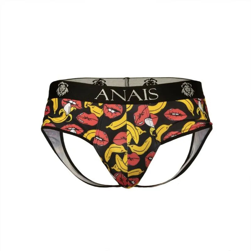 Bikini homme Anais imprimé bananes, fesses ouvertes, lycra doux, coupe audacieuse, lingerie sexy, fond noir.