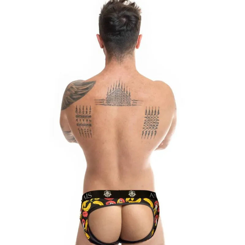 Slip bikini homme imprimé bananes, fesses ouvertes, lycra noir et jaune, coupe audacieuse, Anais Apparel.