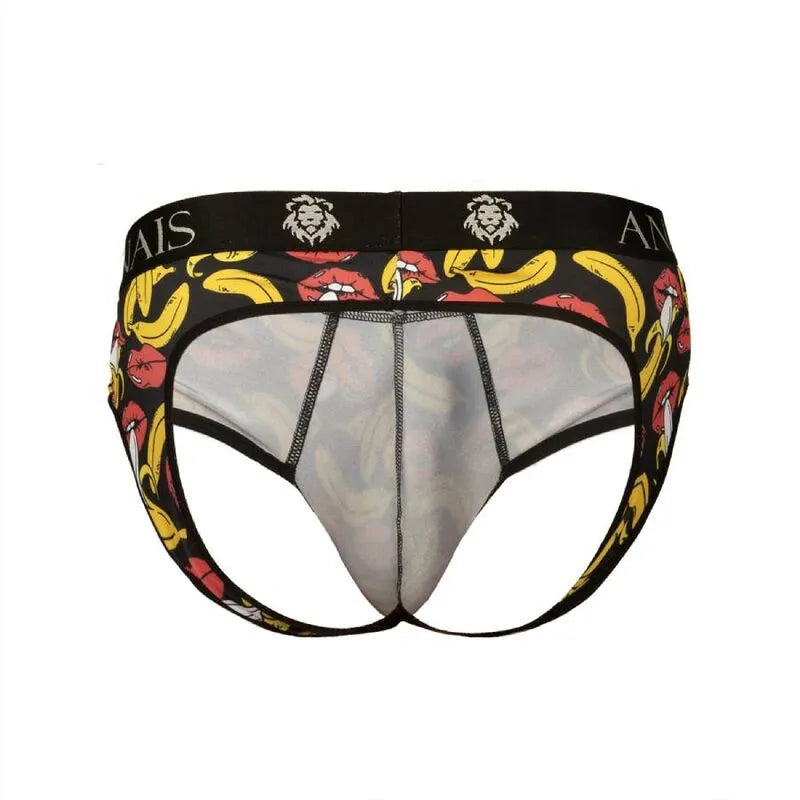 Bikini homme en lycra imprimé bananes, coupe audacieuse avec fesses ouvertes, ceinture noire logo Anais.