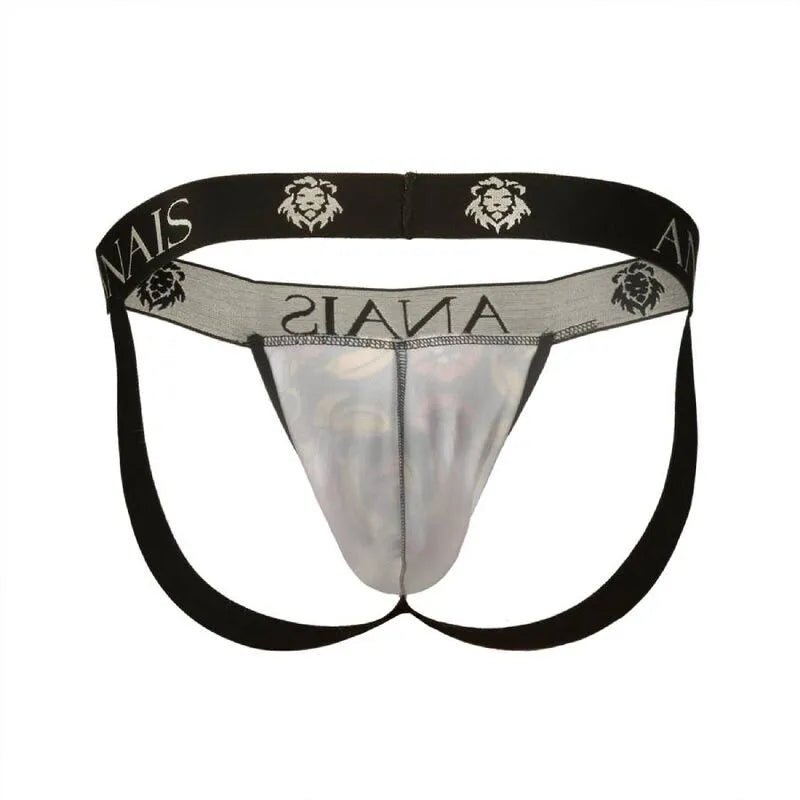 Jockstrap homme Anais, imprimé bananes, lycra doux, coupe audacieuse, ceinture noire, dévoile fesses, lingerie sexy.
