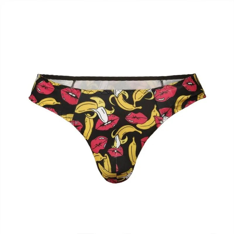 String homme en lycra noir avec imprimé bananes jaunes et lèvres rouges, confort optimal et élastique délicat.