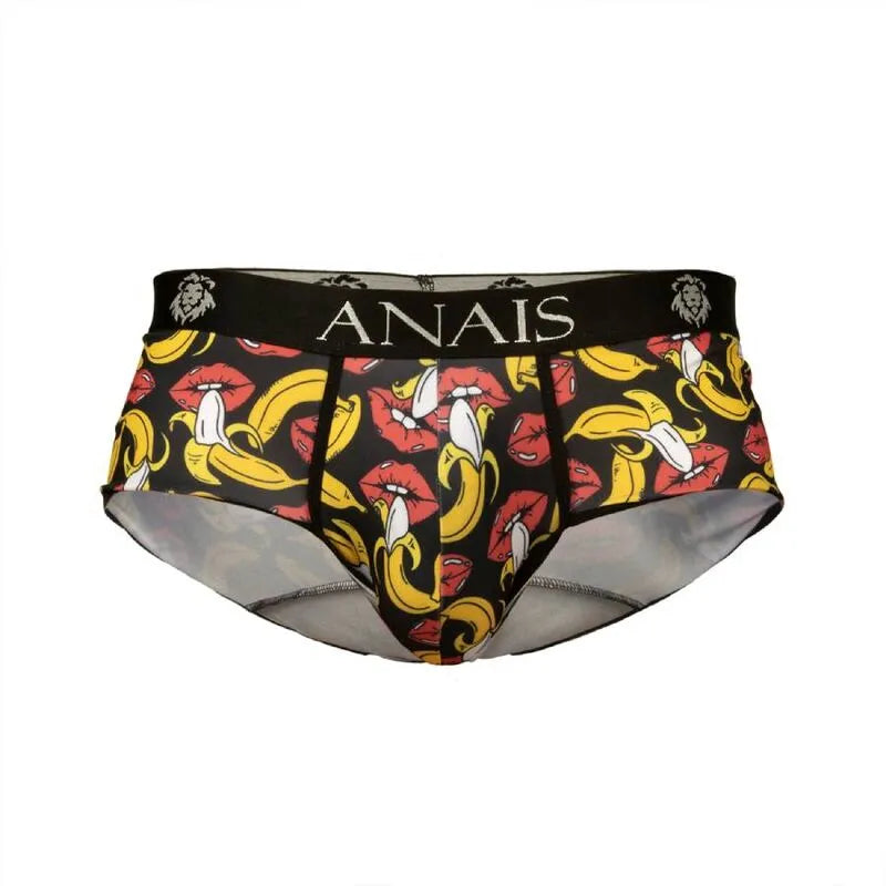 Slip homme Anais noir avec imprimé bananes jaunes, coupe sportive, ceinture élastique, ajustement parfait.