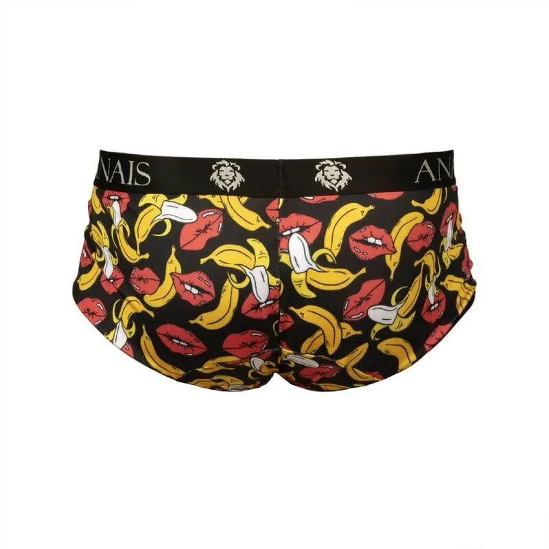 Slip homme Anais, imprimé bananes et lèvres rouges, fond noir, coupe sportive, ceinture noire avec logo lion.