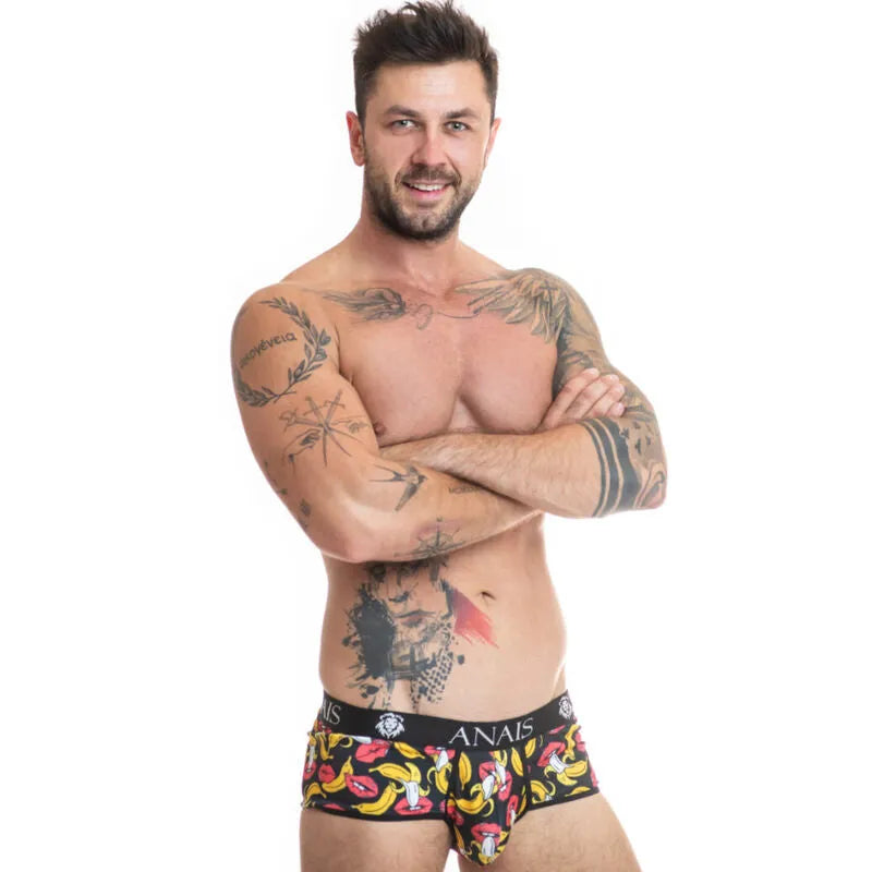 Slip homme Anais noir avec imprimé bananes, coupe sportive, ajustement parfait, matière Lycra douce et élastique.