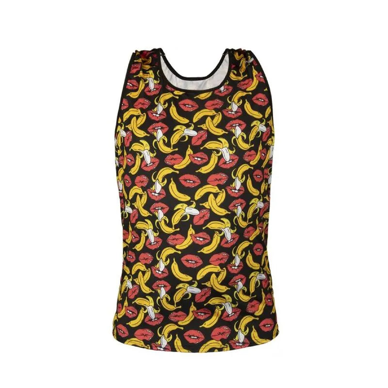 Débardeur homme sans manches imprimé bananes jaunes et lèvres rouges, ajusté, en lycra doux, Anais Apparel.