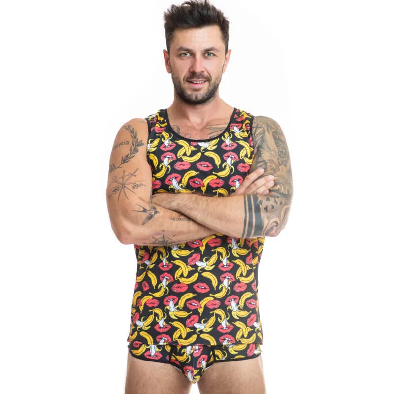 Débardeur homme sans manches imprimé bananes, ajusté, lycra noir, jaune et rouge, style classique, Anais Apparel.