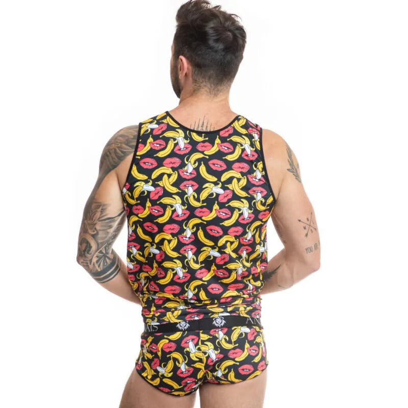 Débardeur homme sans manches imprimé bananes, ajusté, lycra doux, fond noir, style classique, Anais Apparel.