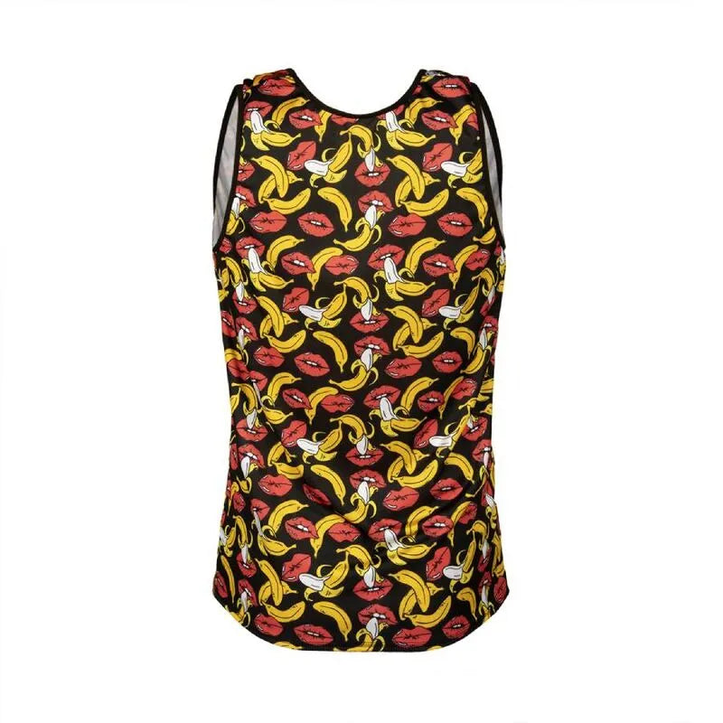 Débardeur homme sans manches imprimé bananes et lèvres, fond noir, ajusté, en lycra doux, Anais Apparel.