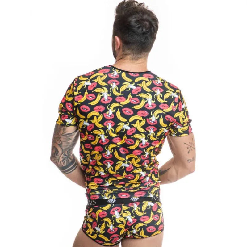 T-shirt homme ajusté imprimé bananes colorées, lycra doux, fond noir, style audacieux et moderne.
