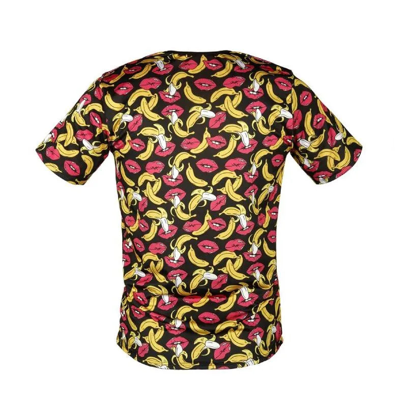 T-shirt homme ANAIS imprimé bananes et lèvres rouges, ajusté, lycra doux, fond noir, style audacieux et moderne.