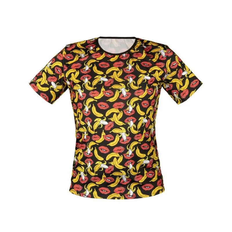 T-shirt homme ajusté, imprimé bananes jaunes et lèvres rouges sur fond noir, en lycra doux, par Anais Apparel.