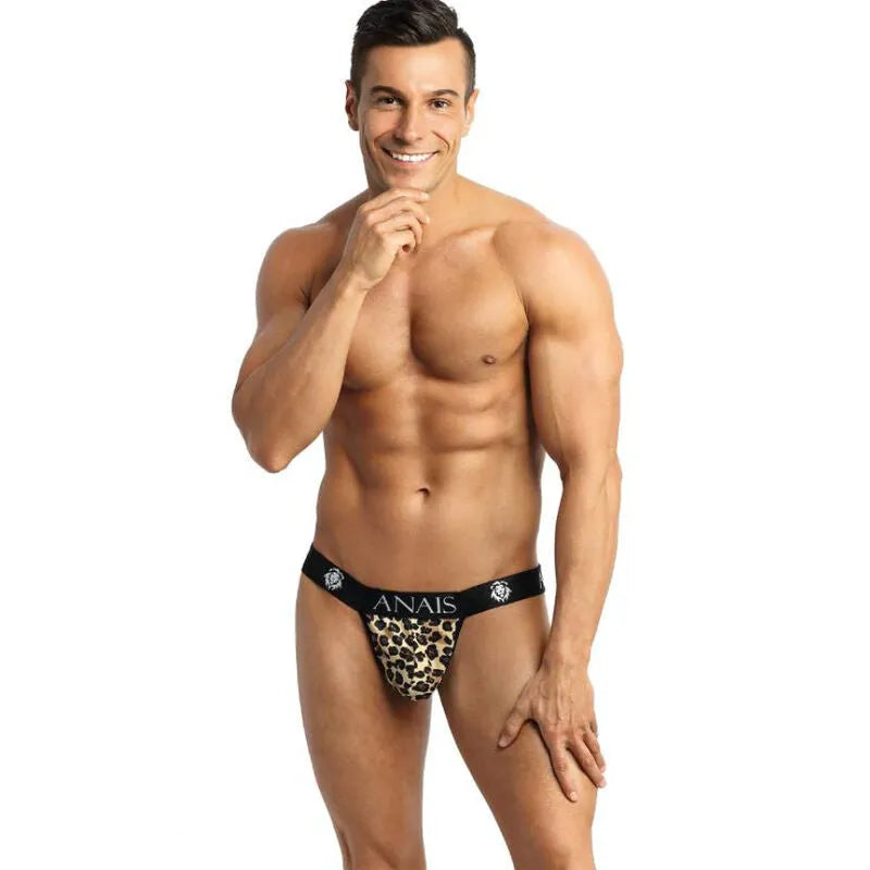 Jockstrap homme imprimé animal, microfibre douce, bande élastique noire avec logo Anais, confort et style sexy.