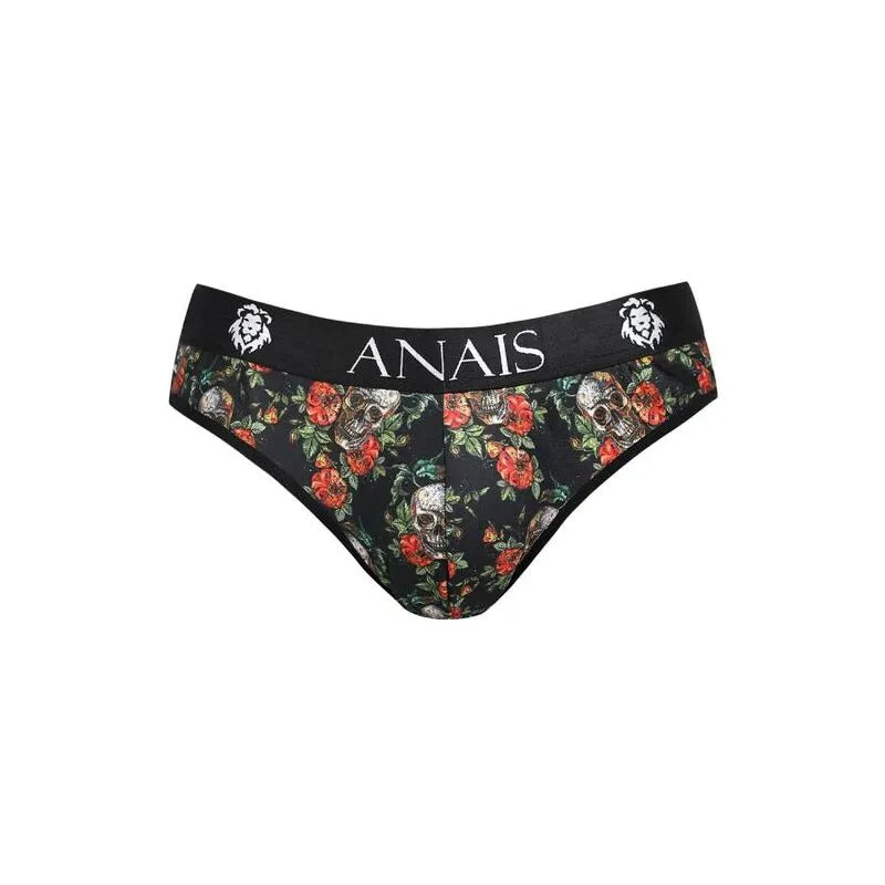 Slip homme noir avec imprimé roses et têtes de mort, bande élastique noire avec logo Anais, style sexy et confortable.