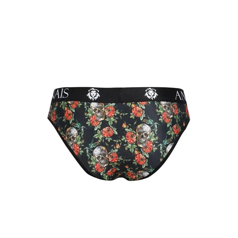 Slip homme Anais Men noir avec imprimé roses et têtes de mort, bande élastique à la taille, confort et style assuré.