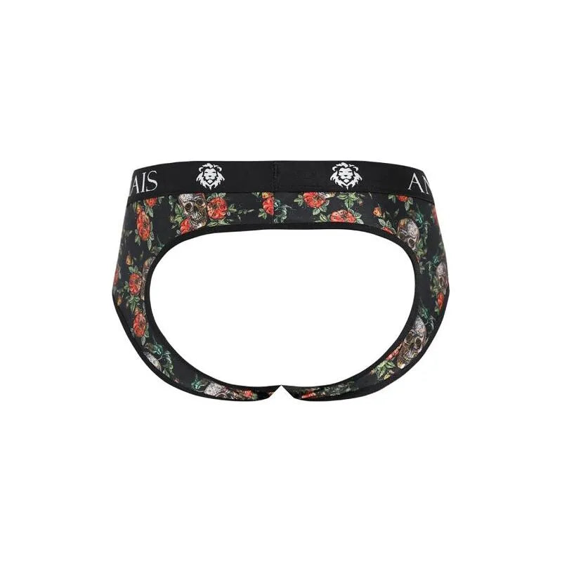 Bikini homme Anais noir, imprimé roses et têtes de mort, coupe audacieuse, fesses ouvertes, modal doux.