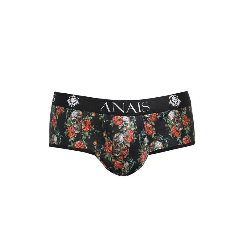 Bikini homme ANAIS MEN noir avec imprimé roses et têtes de mort, fesses ouvertes, coupe audacieuse, modal doux.