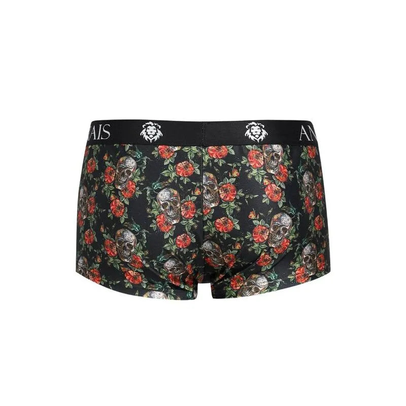 Boxer homme ANAIS MEN noir avec imprimé roses et têtes de mort, coupe sportive, jambes longues, ajustement parfait.