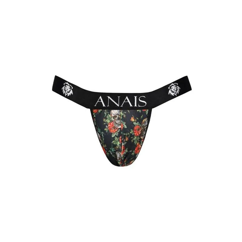 Jockstrap ANAIS MEN noir avec imprimé roses et têtes de mort, bandeau logo, coupe audacieuse, ajustement parfait.
