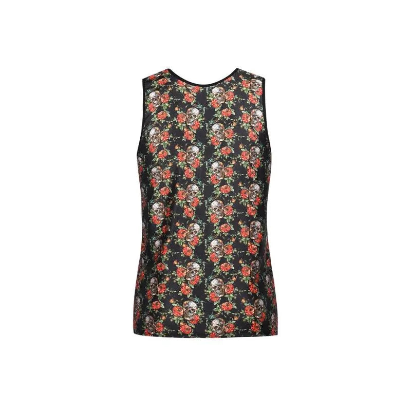 Débardeur homme sans manches, imprimé roses et têtes de mort, ajusté, fond noir, style classique, Anais Apparel.