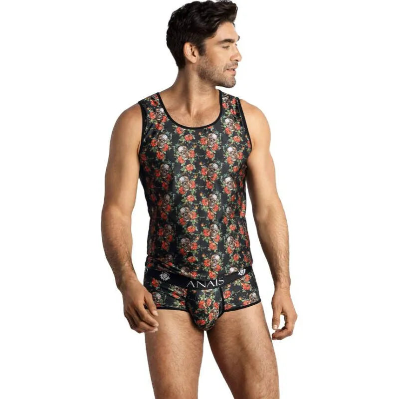 Débardeur homme ANAIS MEN noir avec imprimé roses et têtes de mort, ajusté, sans manches, style classique.