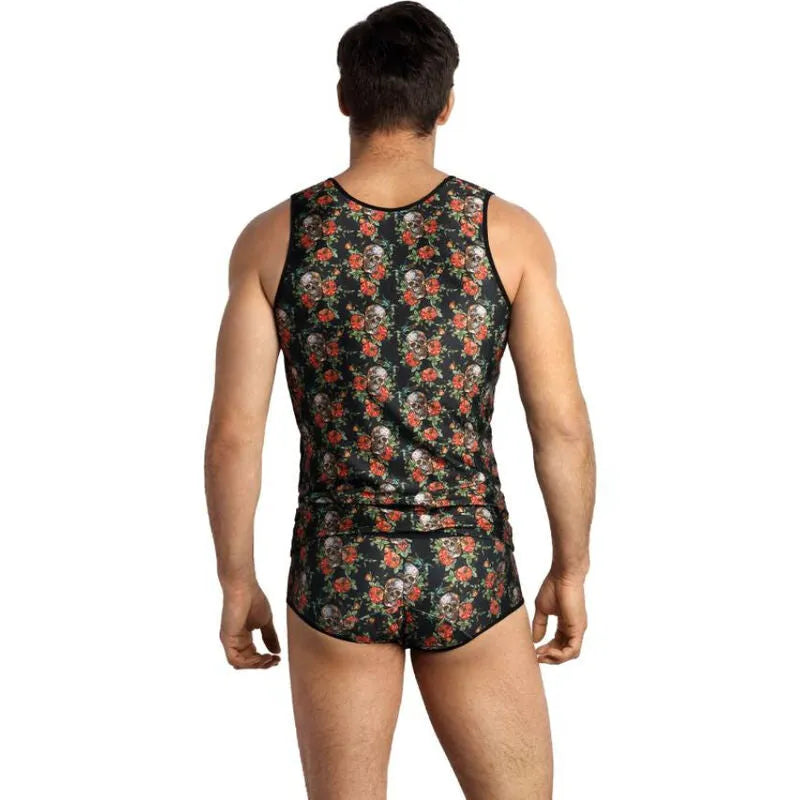 Débardeur homme sans manches, imprimé roses et têtes de mort, ajusté, modal doux, couleur claire, Anais Apparel.