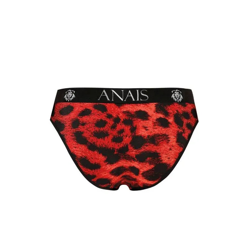 Slip homme rouge imprimé animal sauvage, microfibre douce, bande élastique noire avec logo Anais, confort optimal.